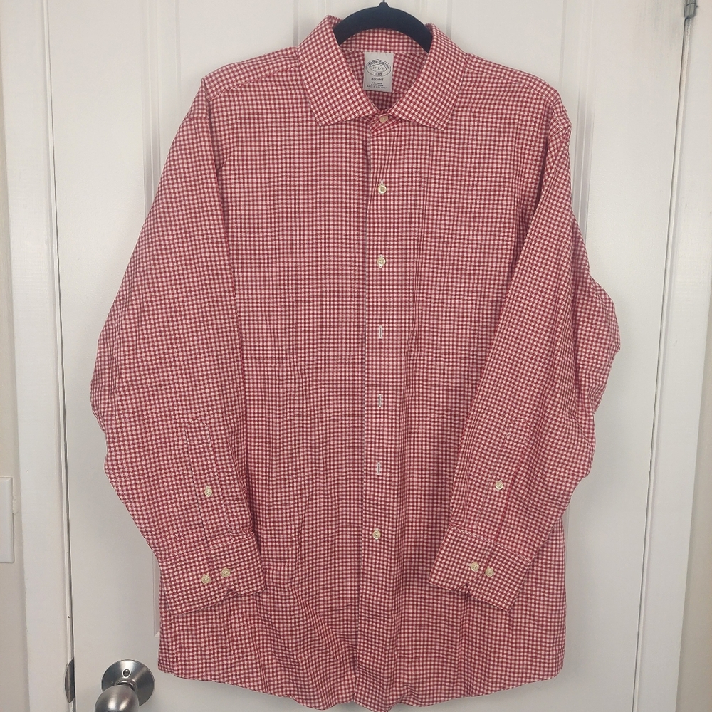 Brooks Brothers Non-Iron Cotton Dress Shirt, Men's 17 Red & White Check